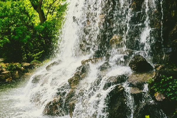 Petite Cascade Dans Jardin Public Entouré Verdure — Photo