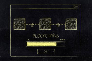 cryptocurrency teknoloji ve işleyen kavramsal çizimi: Grup blok zincirleri ve ilerleme çubuğu yükleme ile açılan ileti