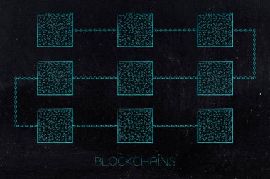 cryptocurrency teknoloji ve işleyen kavramsal çizimi: satır küpleri içinde ikili kod veri ve bunları birbirine bağlayarak zincirleri ile yapılan blockchain