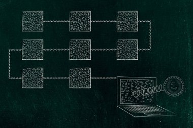 cryptocurrency teknoloji ve işleyen kavramsal çizimi: blockchains çizgilerle bağlı kripto sikke ekranın dışarı haşhaş ile bir dizüstü bilgisayar için