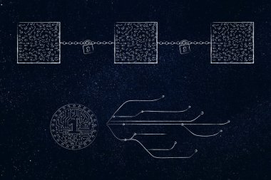 cryptocurrency teknoloji ve işleyen kavramsal çizimi: blockchains ve kripto sikke yanındaki Internet bağlantı çizgileri