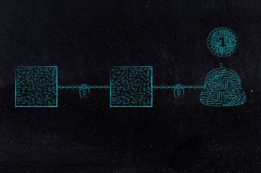 cryptocurrency teknoloji ve işleyen kavramsal çizimi: blockchains bağlı kripto sikke ile Dijital Cüzdan için