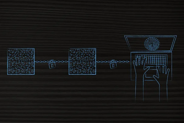 Технологию Криптовалют Функциональную Концептуальную Иллюстрацию Группа Блокчейн Подключенная Ноутбуку Криптовалютами — стоковое фото