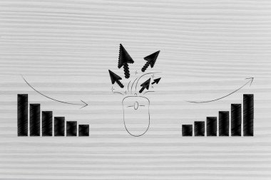 clickrate performans kavramsal illüstrasyon geliştirmek: fare tıklatmaları için pozitif negatif büyüme sonuçlarından grafikleriyle