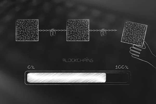 Criptomoeda Tecnologia Ilustração Conceitual Mão Completar Blockchain Com Barra Progresso — Fotografia de Stock