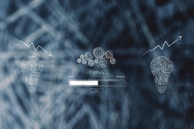 dan için pozitif negatif sonuç kavramsal çizimi: dijital fikir ampuller ile gearwheel mekanizması ve ilerleme çubuğu kötü istatistiklerimden büyük için sabitleme