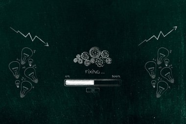 dan için pozitif negatif sonuç kavramsal çizimi: fikir ampuller gearwheel mekanizması ve ilerleme çubuğu kötü istatistiklerimden büyük için sabitleme ile Grup