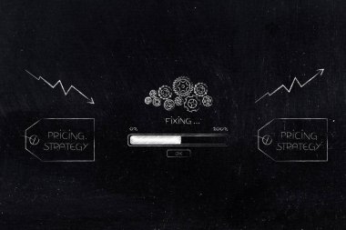dan için pozitif negatif sonuç kavramsal çizimi: strateji etiketi gearwheel mekanizması ve ilerleme çubuğu kötü istatistiklerimden büyük için sabitleme ile fiyatlandırma