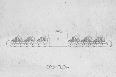 nakit akışı kavramsal çizimi: office torba üretim hattı bu ve dışarı nakit ile metafor kazanç ve para harcamaya