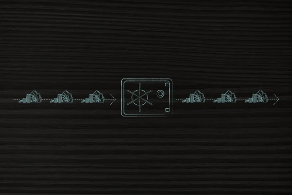 cashflow conceptual illustration: safebox with dashed arrows of cash going in and out of it with earning and expenses