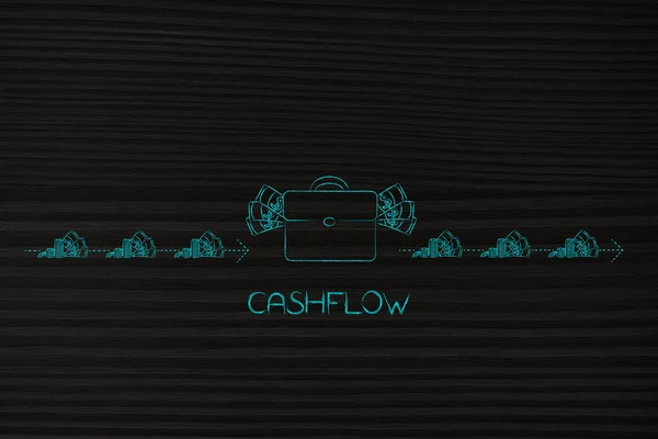 cashflow conceptual illustration: bag full of money with dashed arrows of cash going in and out of it with earning and expenses