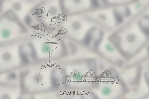 Cashflow Conceptual Illustration Coin Purse Funnel Cash Coming Production Line — Stock Photo, Image