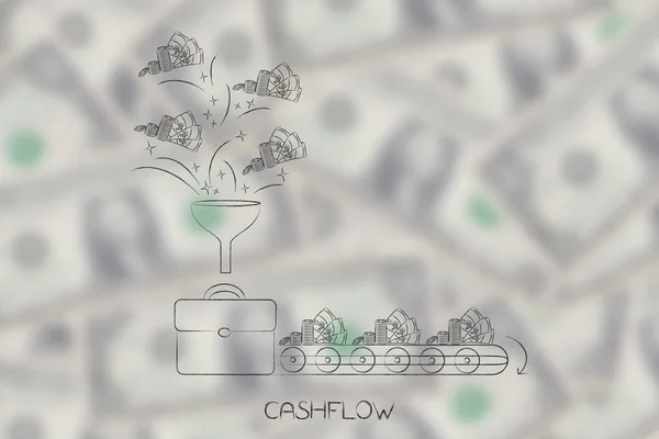 Cashflow Konceptuální Ilustrace Office Bag Nálevkou Peněz Přicházejí Výrobní Linka — Stock fotografie