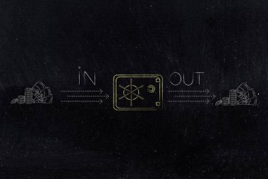 bütçe ve mali nakit akışı kavramsal çizimi: ok ve kazanç ve giderleri metaforu dışarı gidiyor ve para kasa