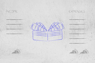 kötü bütçe kavramsal çizimi düzeltmek: m-cüzdan ile gelir ve giderleri yan kazanç daha fazla harcama ile listesi