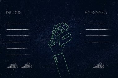 iyi bütçe kavramsal illüstrasyon korumak: m-cüzdan ile gelir ve giderleri listesi harcama daha daha fazla kazanç ile yan yana tutan el