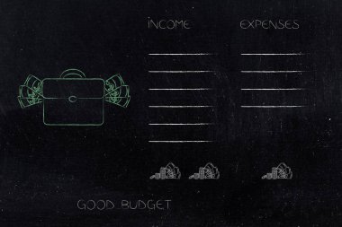 iyi bütçe kavramsal illüstrasyon korumak: office çanta nakit ve gelir ve giderler harcama daha daha fazla kazanç ile yan yana listesi