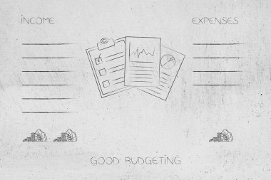 iyi bütçe kavramsal illüstrasyon korumak: bütçe gelir ve giderler harcama daha daha fazla kazanç ile yan yana listesini içeren belgeler