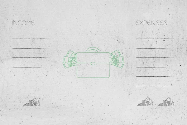 Arreglar Mal Presupuesto Ilustración Conceptual Bolsa Oficina Con Lista Ingresos — Foto de Stock