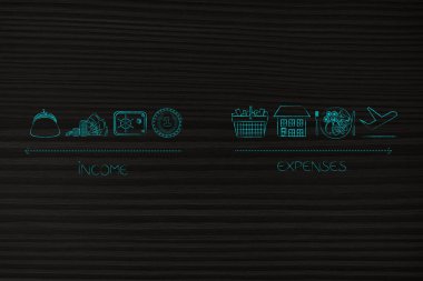 bütçe kavramsal illüstrasyon yönetme: gelir kutsal kişilerin resmi ile nakit kasa ve çanta giderleri karşı gıda tatil konut ve alışveriş gibi