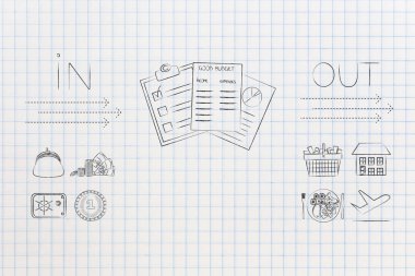 bütçe kavramsal illüstrasyon yönetme: gelir kutsal kişilerin resmi ile nakit kasa ve bütçeleme belgeleri ve giderleri yanında çanta gibi gıda tatil konut ve alışveriş