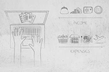 bütçe kavramsal illüstrasyon yönetme: bütçeleme ile dizüstü bilgisayar makaleler giderleri aşağıda karşı gelir simgelerinin yanında ekranda