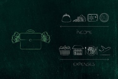 bütçe kavramsal illüstrasyon yönetme: nakit kasa ve çanta karşı gıda tatil konut ve aşağıda alışveriş gibi giderleri ile gelir simgelerinin yanında para çantası