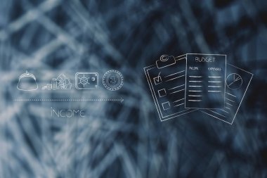 bütçe kavramsal illüstrasyon hesaplamak: belgeleri yanındaki farklı gelir simgeler