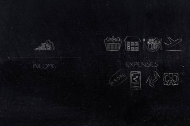 bütçe kavramsal illüstrasyon yönetme: tek tip gelir bir yanındaki giderleri simgeler çok sayıda