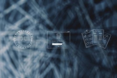 bütçe kavramsal illüstrasyon hesaplamak: para bütçe yanındaki ilerleme pop-up ve istatistikleri belgeleri
