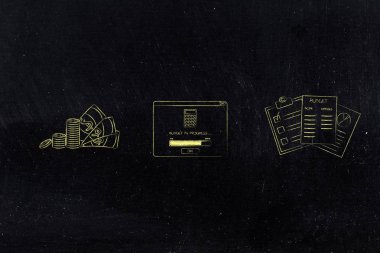 bütçe kavramsal illüstrasyon hesaplamak: ilerleme açılır pencere ve istatistikleri belgeleri bütçeleme yanında nakit