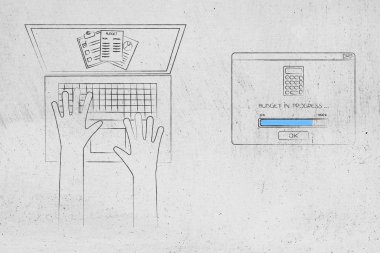 bütçe kavramsal illüstrasyon hesaplamak: laptop ekranında devam eden açılır bütçeleme yanındaki istatistikleri belgelerle