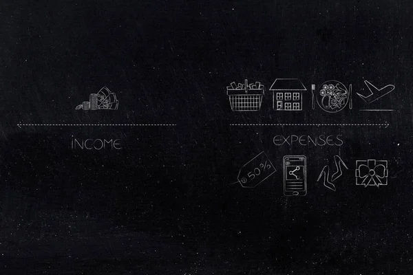 bütçe kavramsal illüstrasyon yönetme: tek tip gelir bir yanındaki giderleri simgeler çok sayıda