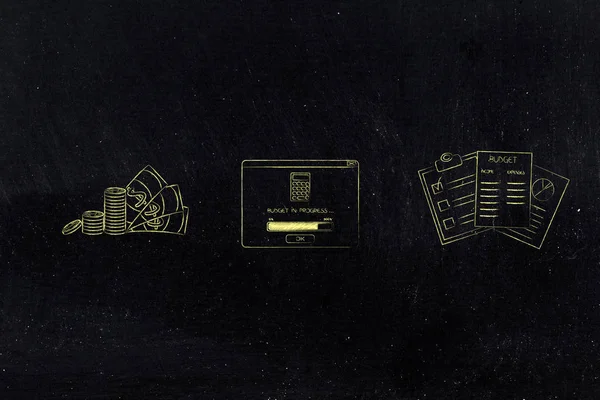 bütçe kavramsal illüstrasyon hesaplamak: ilerleme açılır pencere ve istatistikleri belgeleri bütçeleme yanında nakit