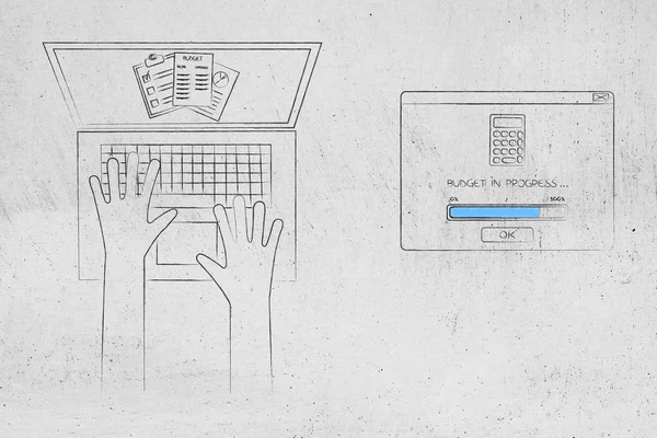 bütçe kavramsal illüstrasyon hesaplamak: laptop ekranında devam eden açılır bütçeleme yanındaki istatistikleri belgelerle