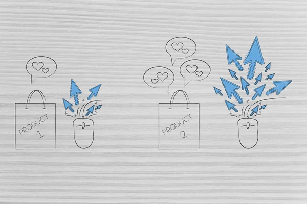 from unpopular to popular items conceptual illustration: shopping bag with average clickrate versus another with excellent views clicks and reputation