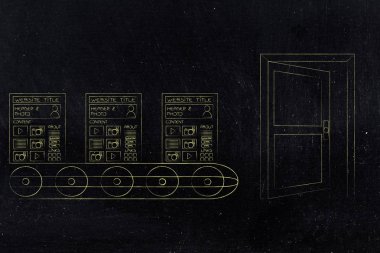 yetişkinlerin temalı kavramsal çizimi: Web sitesinde yaklaşık açık kapıya doğru hareket yayımlanması için üretim hattı
