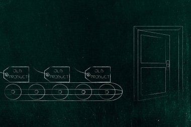 yetişkinlerin temalı kavramsal çizimi: fiyat etiketi ile eski ürün metin parçaları üretim hakkında açık kapıya doğru hareket tahliye edilecek