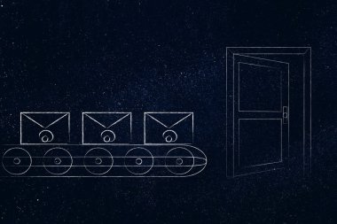 yetişkinlerin temalı kavramsal çizimi: üretim yaklaşık gönderilmek üzere bir açık kapı doğru hareket satırındaki e-posta