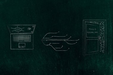 blockchains ve veri güvenlik kavramsal çizimi: laptop internet bağlantı hatları ve kişisel verilere erişmek için açık kapı yanındaki