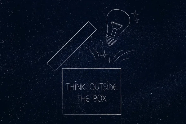 Мыслите Пределами Коробки Концептуальная Иллюстрация Открытая Коробка Лампочкой — стоковое фото