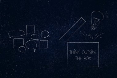 kutusu kavramsal çizimi: boş görüş komik kabarcıklar ampul ile açık kutusunun yanındaki dışında düşünün