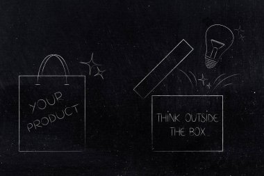 düşünme kutusu kavramsal çizimi dışında: Your ürün alışveriş çantası ampul dışarı haşhaş ile açık kutusunun yanındaki