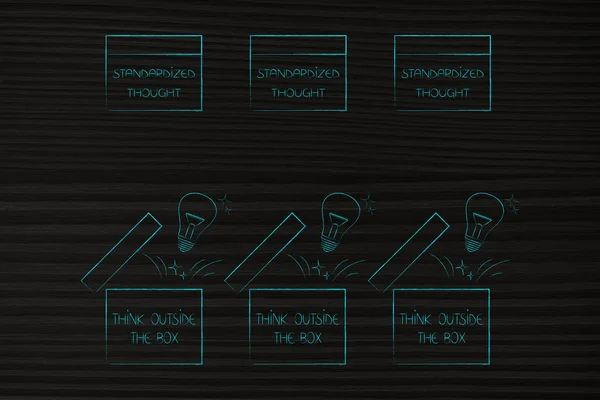 Мыслить Вне Коробки Концептуальная Иллюстрация Коробки Стандартизированных Мыслей Открытые Коробки — стоковое фото