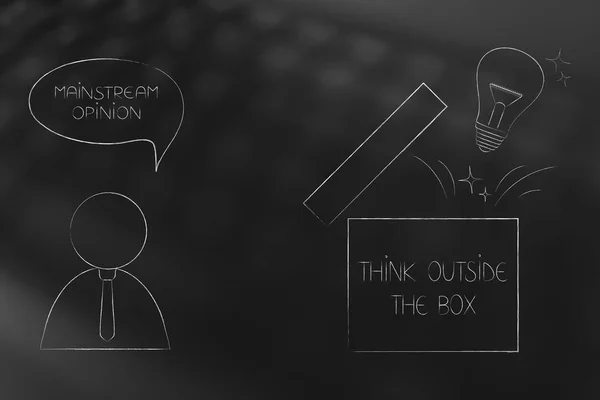 think outside the box conceptual illustration: person with mainstream opinion next to open box with lightbulb