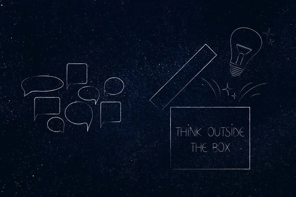 think outside the box conceptual illustration:empty opinion comic bubbles next to open box with lightbulb