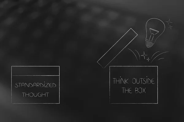 think outside the box conceptual illustration: standardized thought next to open box with lightbulb popping out