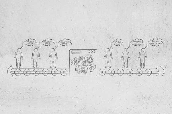 düşünme kutusu kavramsal çizimi dışında: fabrika makine bireyler benzersiz fikirlerle içine dönüştürülmekte olan ana akım görüşleri sahip insanlarla