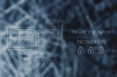 Yeni veri koruma yönetmeliği kavramsal çizimi: laptop ve ekran gizlilik metin kilit ile dışarı haşhaş kişisel verilere erişimin kapıyla