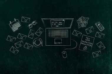 Yeni veri koruma yönetmeliği kavramsal çizimi: e-posta ve yeni gizlilik Yönetmeliği kağıt yanında dizüstü bilgisayar masası